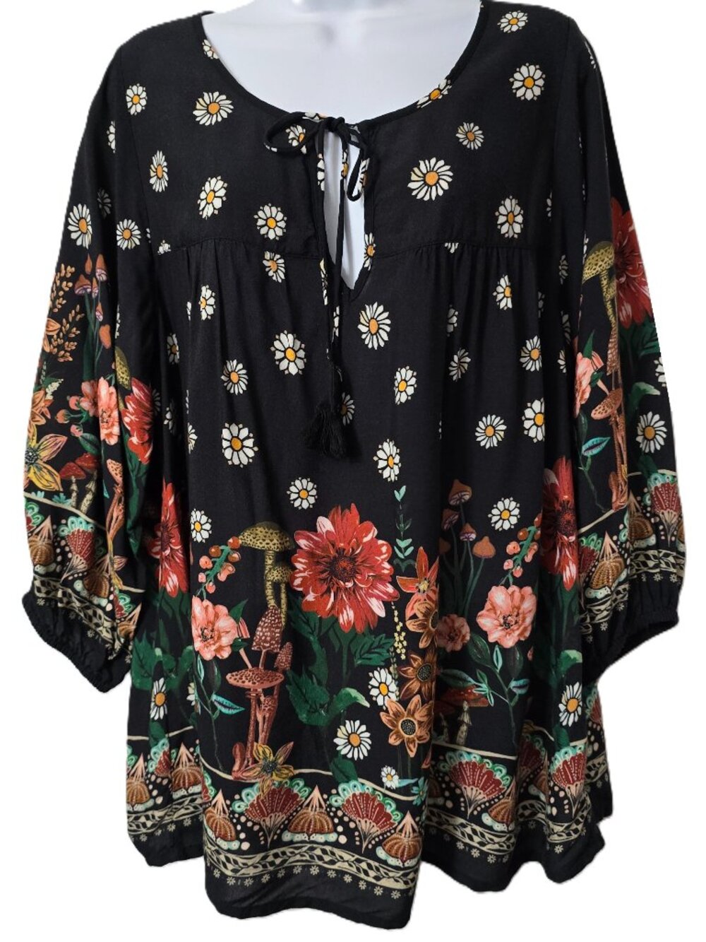 Natural Life Mushroom Maribel Top M Balloon Sleeve Keyhole Black Boho Hippie - Picture 2 of 8